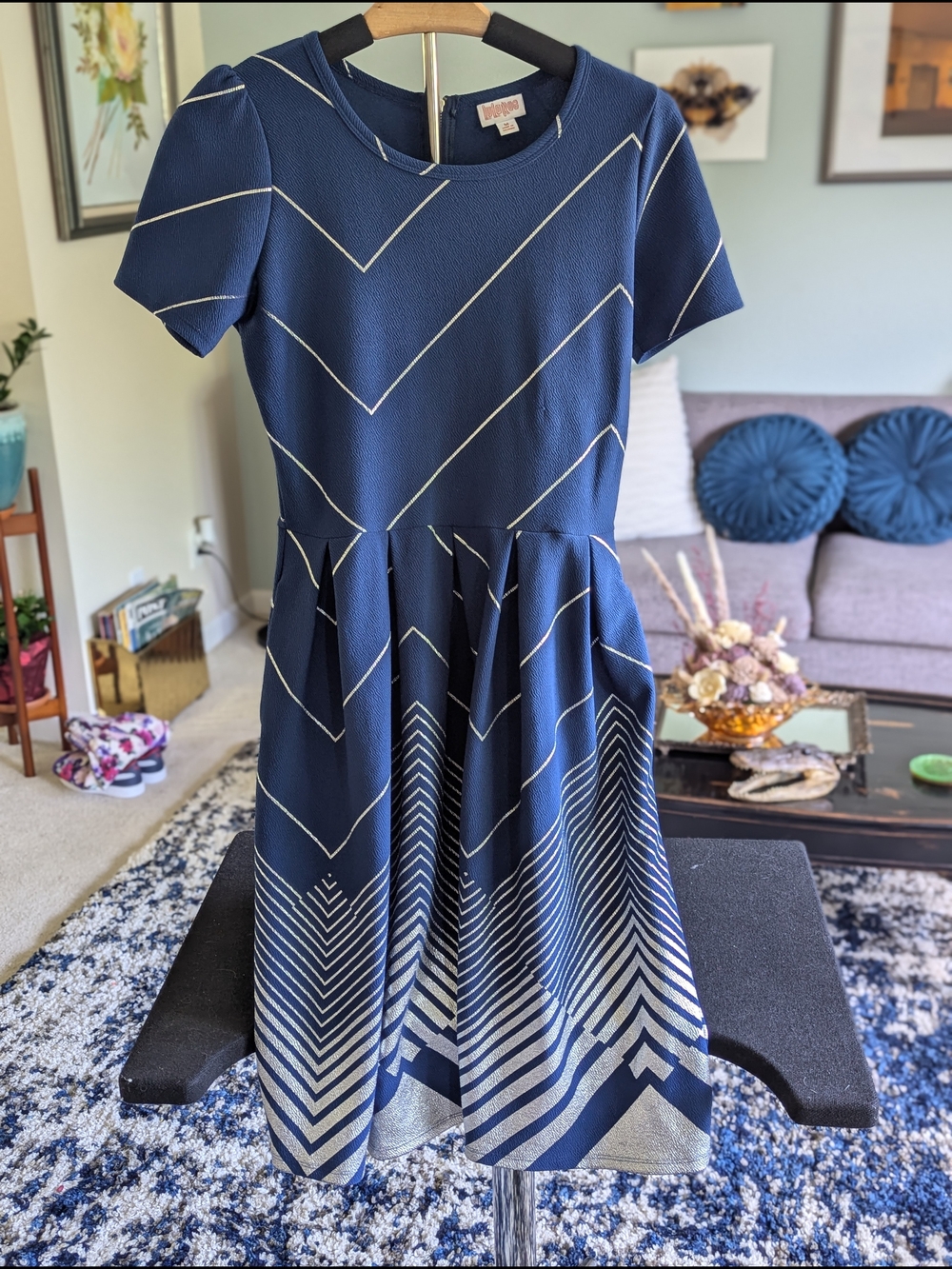 LuLaRoe Navy and Silver Chevron Midi Dress